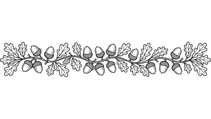 Oak leaves and acorn border. Decorative autumn foliage line art element. © @ahmedmaynul