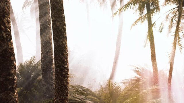 Palm trees rise in a foggy forest during the morning. The light filters through the trees, creating a soft glow. The scene shows a quiet and natural environment with greenery.