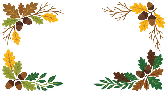 Autumn leaves and acorn corner frame. Fall foliage border design with seasonal elements.