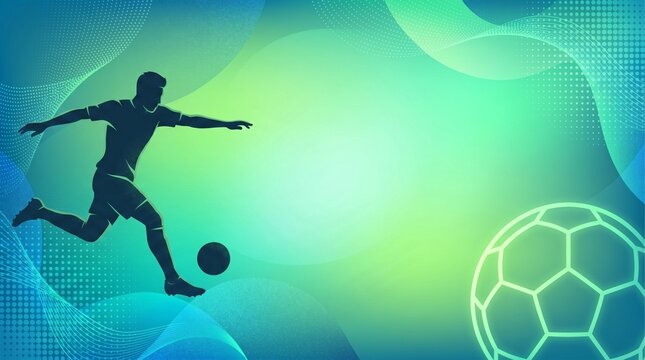 Silhouette of soccer player kicking ball on green blue futsal background