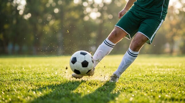 Legs of soccer player kicking ball on green grass futsal background