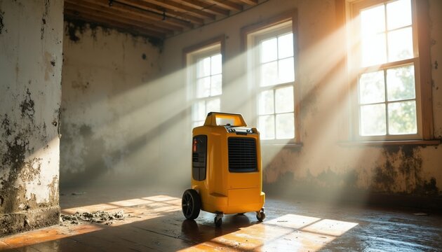 Industrial dehumidifier stands in room with wall mold damage. Bright sunbeams shine through dusty windows illuminating damp interior space. Pro equipment dries wet surfaces to remove fungal growth.