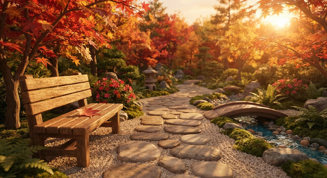 3D clay miniature-style autumn Japanese garden with a wooden bench, stone path, and a small bridge.