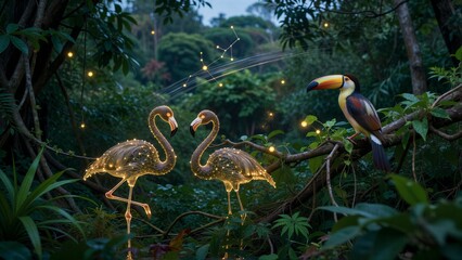 Fototapeta premium Glowing flamingos and a toucan in enchanted jungle with floating lights.
