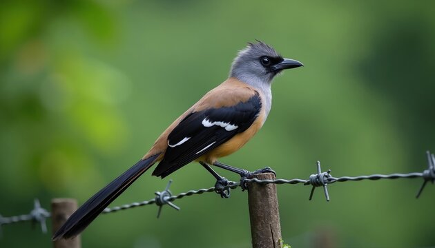 Bornean Treepie sits on barbed wire fence against green forest blur. Tropical bird with grey head orange body black wings rests on wooden post in wild nature environment. Endangered endemic animal of