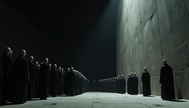 Identical bald people in dark robes stand in long line before giant stone wall. Crowd of clones waits at massive concrete barrier in dark room. Concept of bureaucracy conformity dystopian society