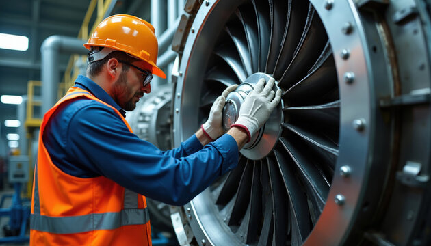 Industrial engineer in orange hard hat, safety vest checks large metal jet engine turbine. Worker wears protective gloves performs maintenance task at manufacturing plant workshop. Technical