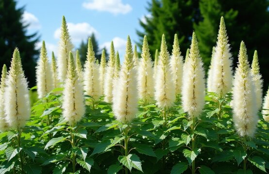 White bottlebrush buckeye flowers bloom in green summer garden. Aesculus parviflora shrub grows in sunny park area. Many tall spiked inflorescences rise above foliage under blue sky. Natural
