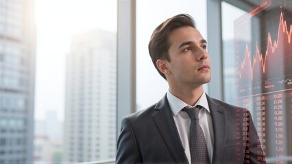 Fototapeta premium Young businessman in suit gazes at stock market graph through window, cityscape behind.