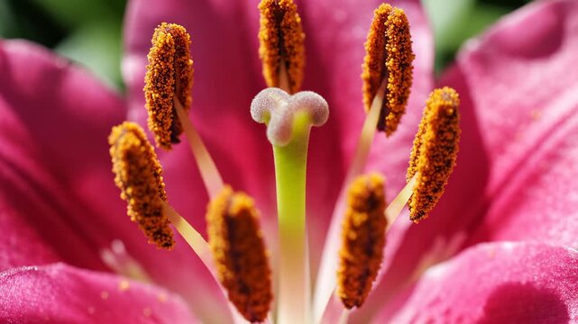 Vibrant pink lily petals frame the prominent central reproductive organs showcasing rich amber pollen grains perched atop delicate filaments basking in the gentle rays of a bright morning sun
