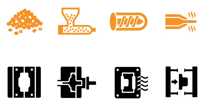 Set of icons showing the plastic injection molding and extrusion manufacturing process for industrial use Minimal solid fill icon set bundle collection. Editable Vector Illustration Mega pack