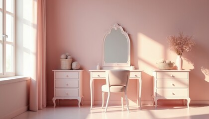 Fototapeta premium Elegant dressing table with mirror sits in soft pink bedroom interior. Minimalist vanity furniture features cozy pastel walls, warm sunlight. Chic organized space offers aesthetic calm vibes for