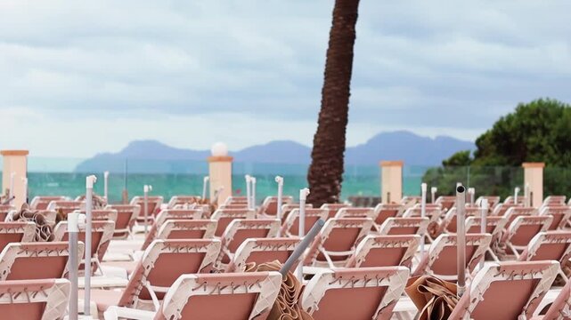 Rows of empty lounge chairs with folded umbrellas on a beachside patio, palm trees swaying gently against a backdrop of distant mountains and cloudy skies