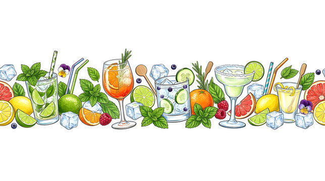Decorative horizontal border made of refreshing summer cocktails, citrus fruits, mint and ice cubes, generous copy space, isolated on white background, commercial stock illustration, ultra detailed