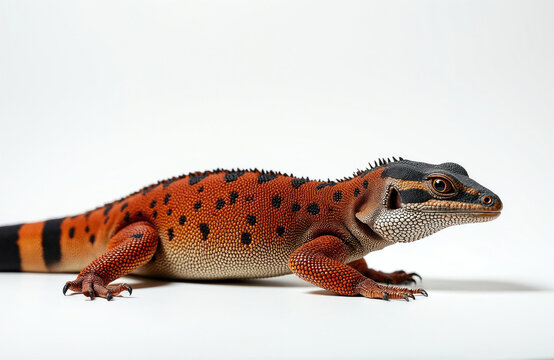 Red tegu lizard Salvator rufescens stands on clean white background. Exotic reptile with orange, black scales shows textured skin. South American wildlife creature isolated for biology studies. Large