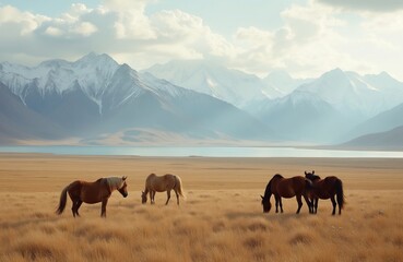 Fototapeta premium Herd of brown horses graze on yellow grass steppe. Snowy mountains rise in distant background under cloudy sky. Lake water sits between pasture, peaks. Animals wander in scenic wild landscape of