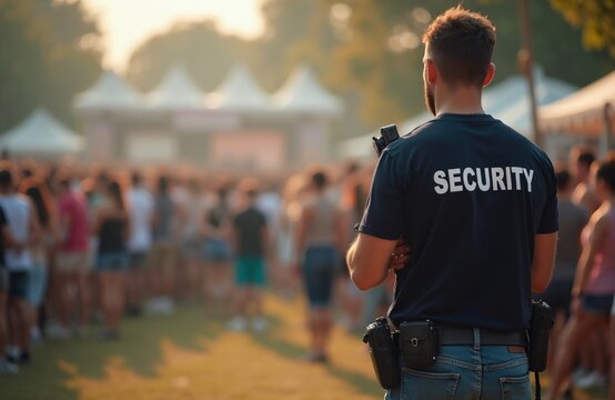 Security guard watches over large summer music festival crowd. Professional male officer stands at outdoor event to maintain order, public safety. Man wears black shirt with security sign, utility