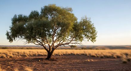 Fototapeta premium Single tree in a vast golden field. Solitary acacia in the Australian outback at sunset.