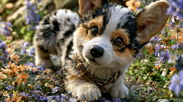 Corgi puppy with a merle coat explores a garden filled with vibrant spring flowers.