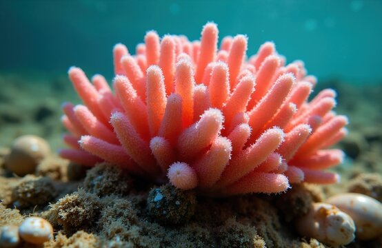 Underwater close-up shows pink sea sponge Halichondria on reef bottom. Small marine life details, clear blue ocean water background. Tiny structures form vibrant organic shape.