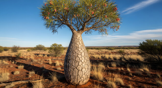 Boab tree in the Australian outback. Iconic bottle tree standing in a dry desert landscape.