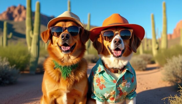 Two dogs wear sunglasses hats and Hawaiian shirts in a desert landscape. They look happy and ready for summer fun. Saguaro cacti dot the arid environment under a clear blue sky.