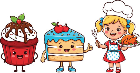 Cute Food Character Collection Vector Illustration Set Featuring Happy Cupcake, Cake Slice, And Little Chef Girl With Roast Turkey