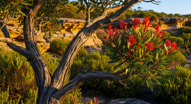 Red waratah flower in Australian bush. Native flora blooming in a rocky desert landscape.