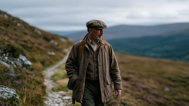 Scottish highland gamekeeper walking a moorland trail carrying a spotting scope, estate wildlife management, rural conservation, land stewardship, professional outdoors