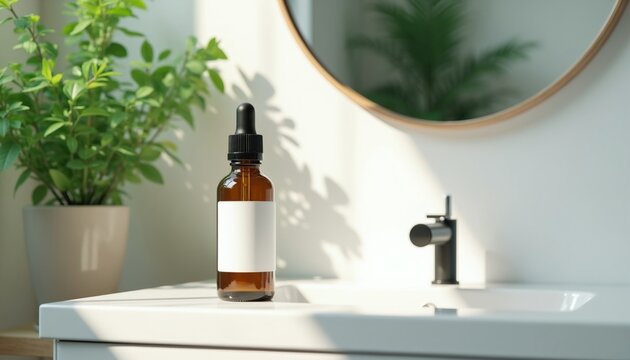 Brown glass dropper bottle with blank white label sits on bathroom counter. Green indoor plant stands near round mirror. Natural skincare cosmetic product container for aromatherapy serum oil placed