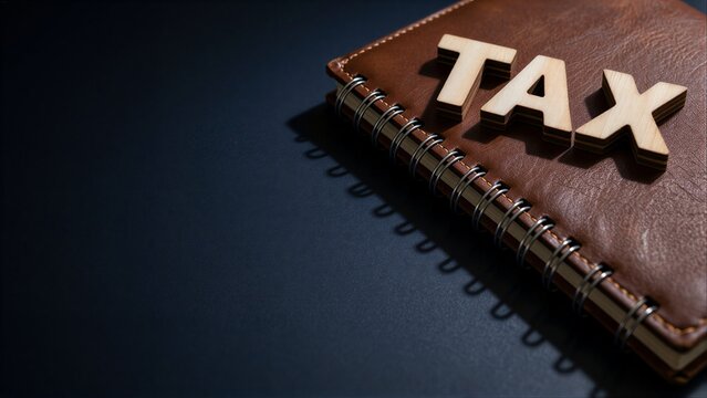 Wooden "TAX" letters rest on a leather-bound notebook against a dark background.