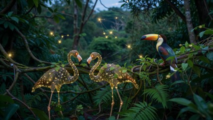 Obraz premium Glowing flamingos and a toucan in enchanted jungle with floating lights.