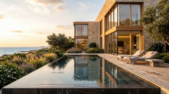 Luxury modern villa architecture with infinity swimming pool at sunset, mediterranean stone house near sea coast, premium real estate exterior design