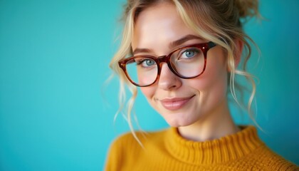 Obraz premium Beautiful young blonde woman wears modern brown eyeglasses, yellow sweater. Portrait of happy girl with natural makeup looks at camera on blue background. Smile face of stylish lady represents