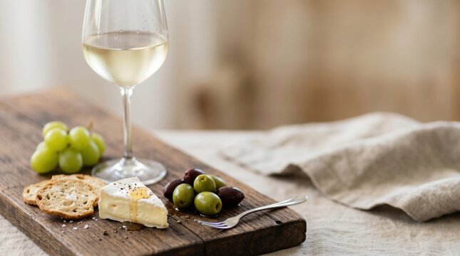 Glass of white wine served with brie cheese honey olives crackers and green grapes on rustic wooden board food and drink pairing concept