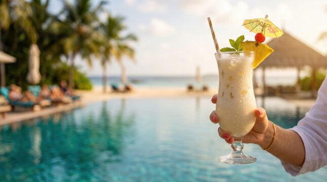 Woman hand holding tropical pina colada cocktail glass by resort swimming pool, luxury summer vacation travel holiday beach bar concept