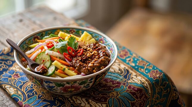 Asian fruit and vegetable rojak salad with thick peanut sauce chili and nuts in ornate bowl on batik fabric traditional malaysian food concept