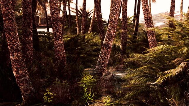 People walk through a dense area filled with palm trees and various plants. The sun may be setting, creating a warm atmosphere in the tropical location.