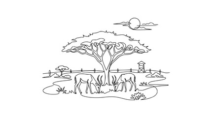 African Savannah Landscape Line Art: Antelopes Grazing Under Acacia Tree with Sun and Watchtower © Ahmad