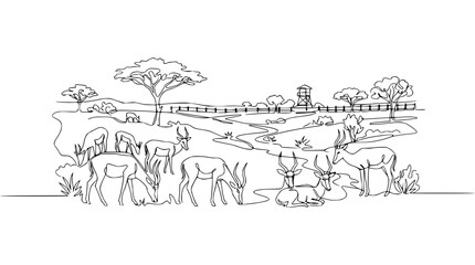 African Savannah Landscape with Antelopes and Watering Hole - Line Art © Ahmad