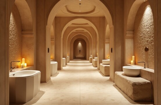 Interior view of traditional Turkish hammam wellness center. Beige stone arches frame luxury bathing room with round sinks on stone pedestals. Soft light illuminates quiet spa hall for relaxation.
