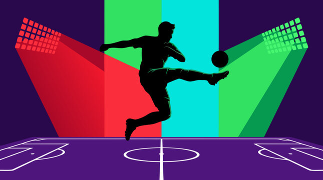 Silhouette player kicking ball on purple indoor court futsal background vector