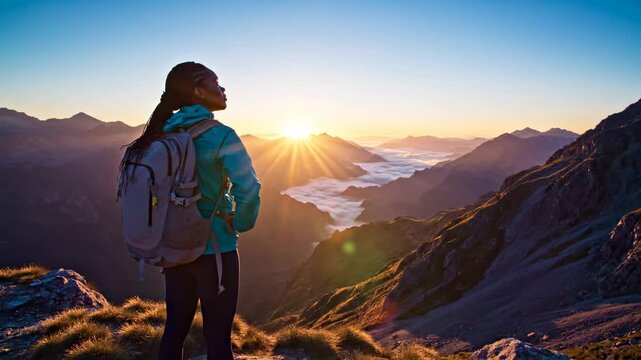 A happy young woman with a backpack gazes at the golden sun rising over the majestic mountain peaks, feeling inspired by the breathtaking view during her adventurous trekking journey in the wild