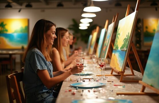 Women enjoy painting and wine in class. Friends create art on canvas with brushes. People relax, socialize, and learn new skills in a fun studio.