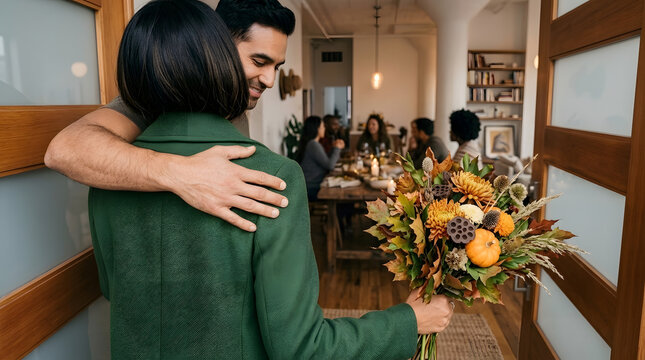 Guest welcomed with hug by host at the home entrance holding an autumn pumpkin bouquet for a seasonal dinner party gathering