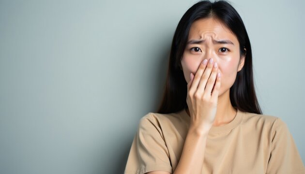 Young asian woman covers mouth with hand feeling embarrassed. Girl suffers bad breath dental problem. Female oral hygiene issue halitosis anxiety, worry. Person experiences toothache dental pain