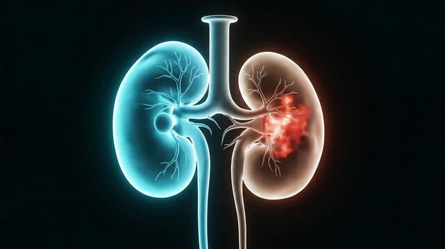 Cinematic 4K Animation Of Human Kidneys Glowing To Illustrate Health and Disease Progression Concept