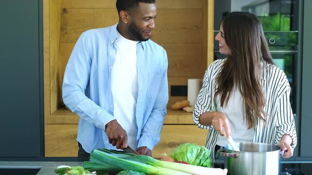 Happy diverse couple cooks in a modern kitchen. He chops fresh vegetables, she stirs a pot, sharing smiles. This captures a healthy, domestic lifestyle and shared culinary experience.