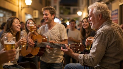 Naklejka premium Man plays guitar for smiling women in a lively, warmly lit street bar.