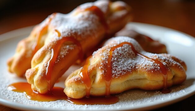 Fresh BeaverTails fried dough pastries topped with caramel sauce, powdered sugar on white plate. Canadian sweet snacks for breakfast dessert. Delicious golden brown pastry treats served warm. Popular